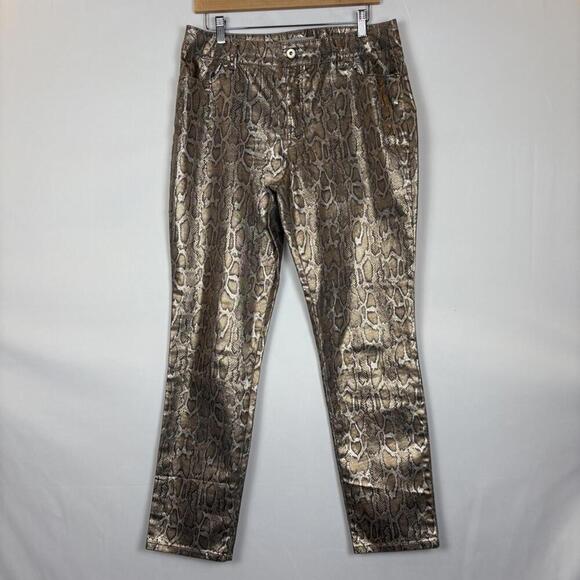 Chico's Platinum Denim Size: 2 (12/Large) Gold Metallic Snake Skin Fitted Jeans - Picture 2 of 7